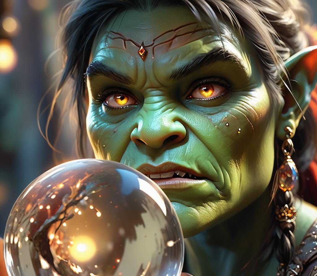 Orc Shaman Gazing into Crystal Ball in 3D