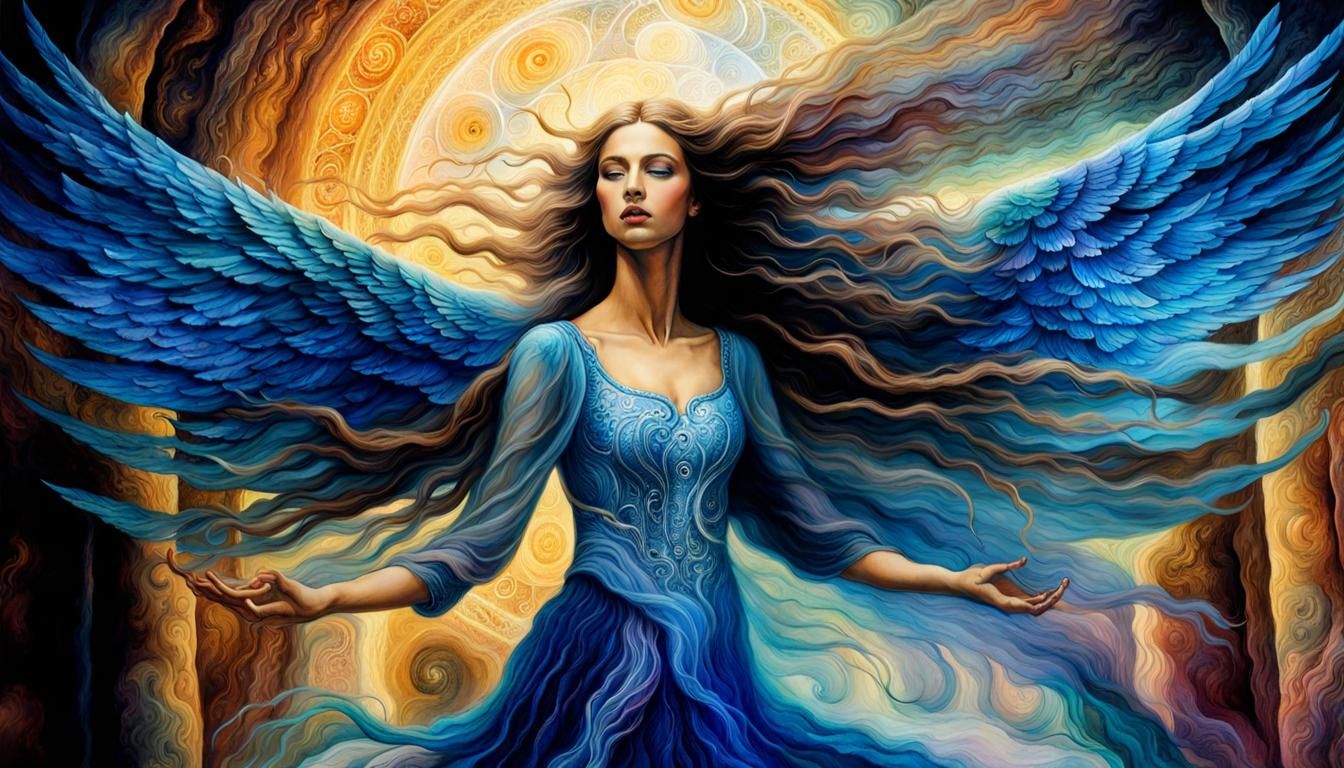 Winged Goddess in Motion: Surreal Watercolor Art