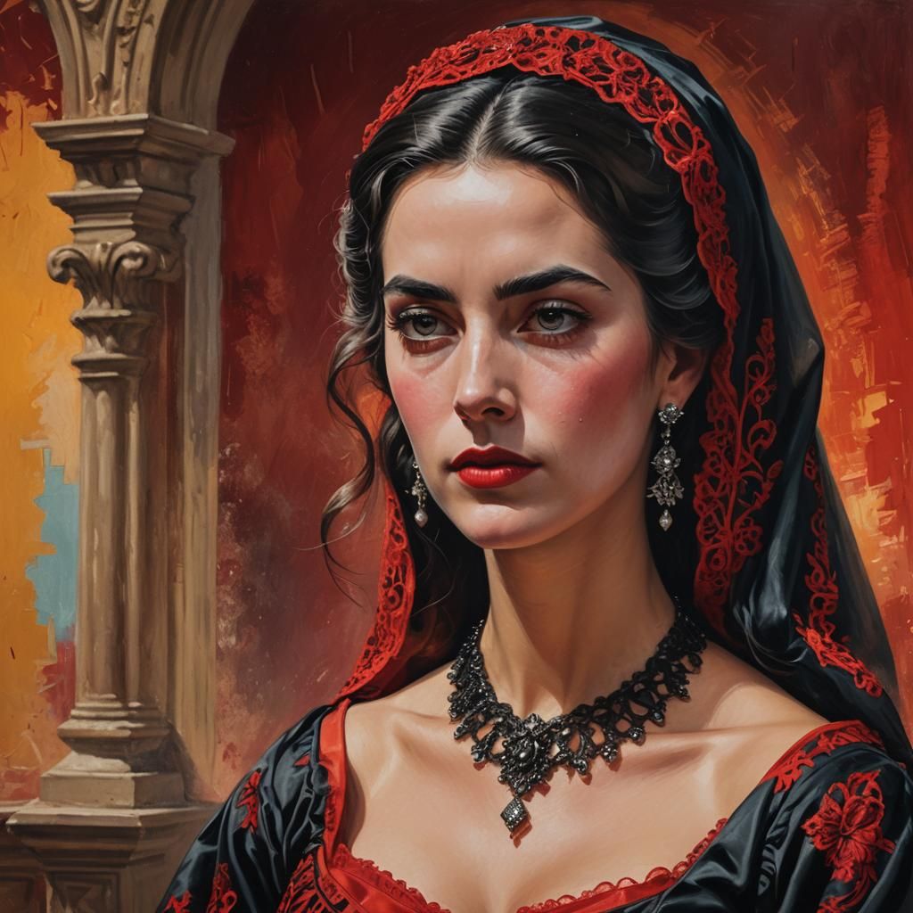 Aristocratic Spanish Woman in Scarlet Gown: Hyperrealistic A...