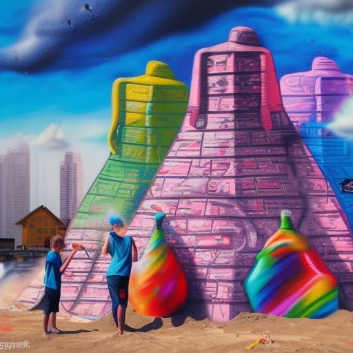 Girls Building Sand City in Graffiti Art Style