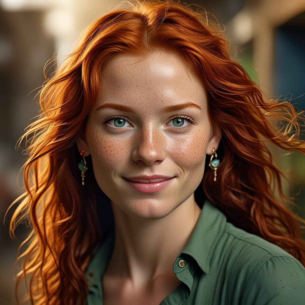 Redhead Woman Smiling with Freckles in Dramatic Lighting