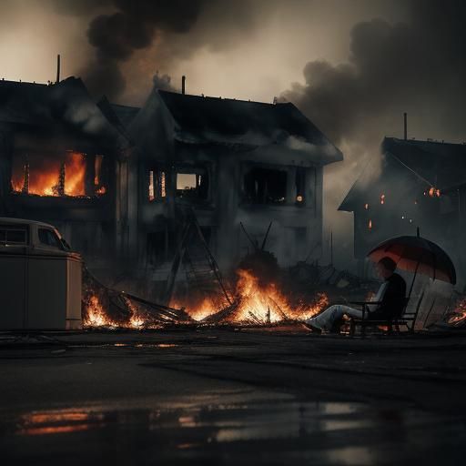 Hyperrealistic House Fire: Relaxing Under an Umbrella
