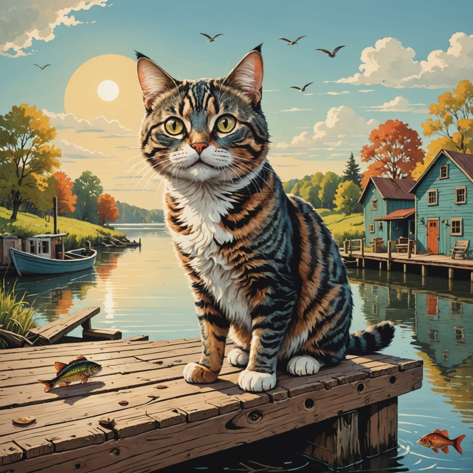 Whimsical Cat Enjoys Sunny Day by River