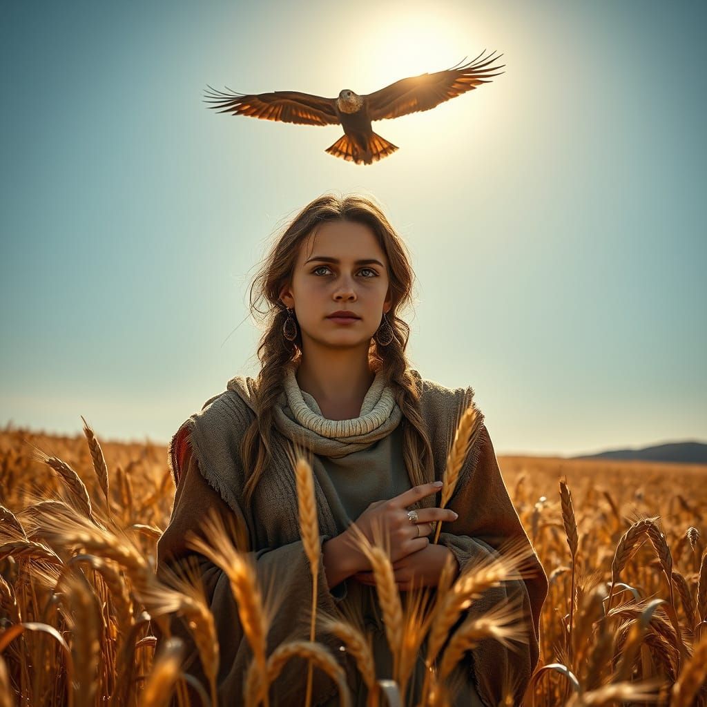 Biblical Ruth Gleaning Wheat in Sun-Drenched Field with Eagl...