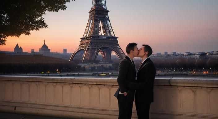Romantic Kiss at Dusk: Eiffel Tower Backdrop