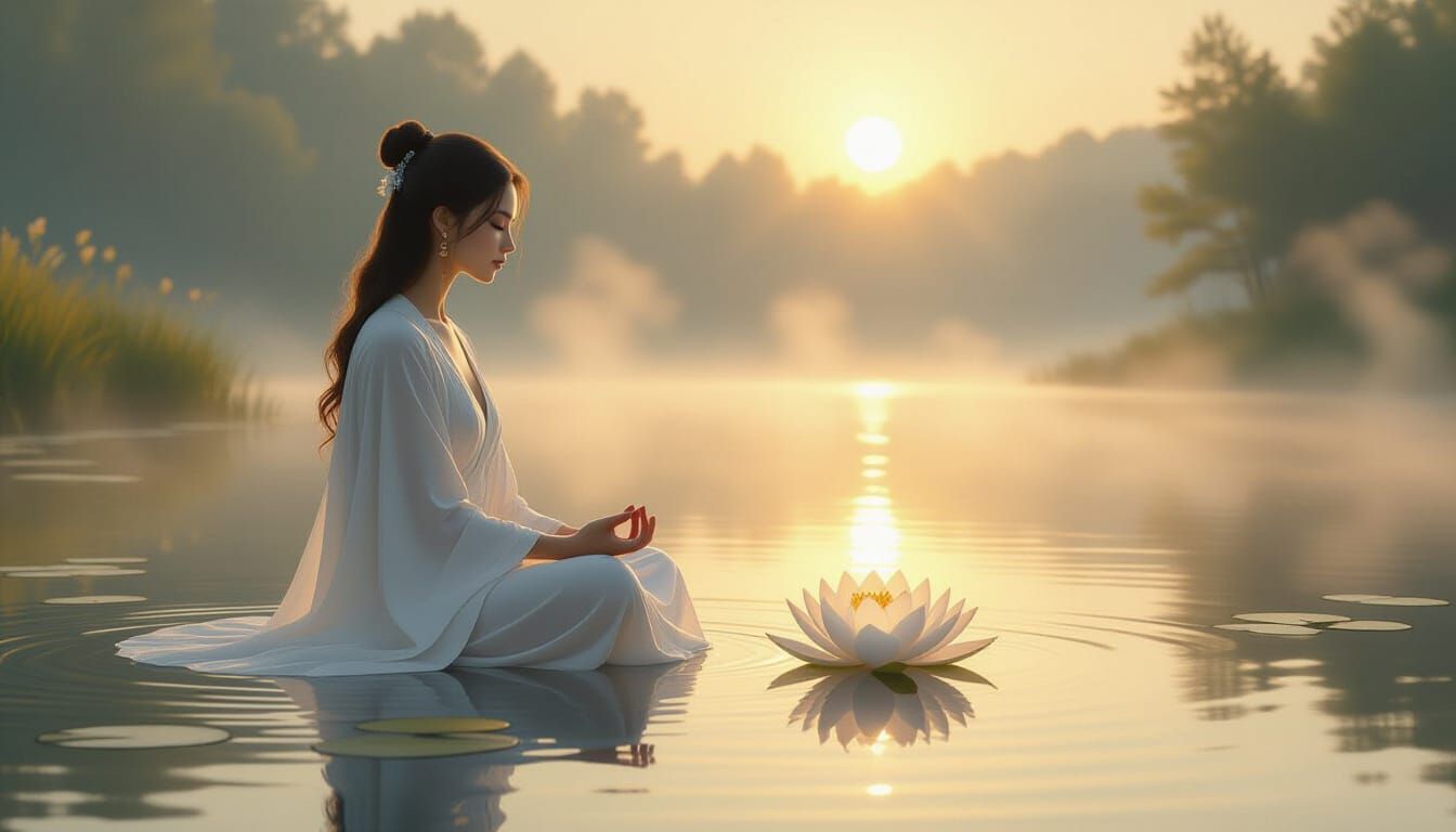 Serene Woman Meditating on Lotus Flower at Dawn