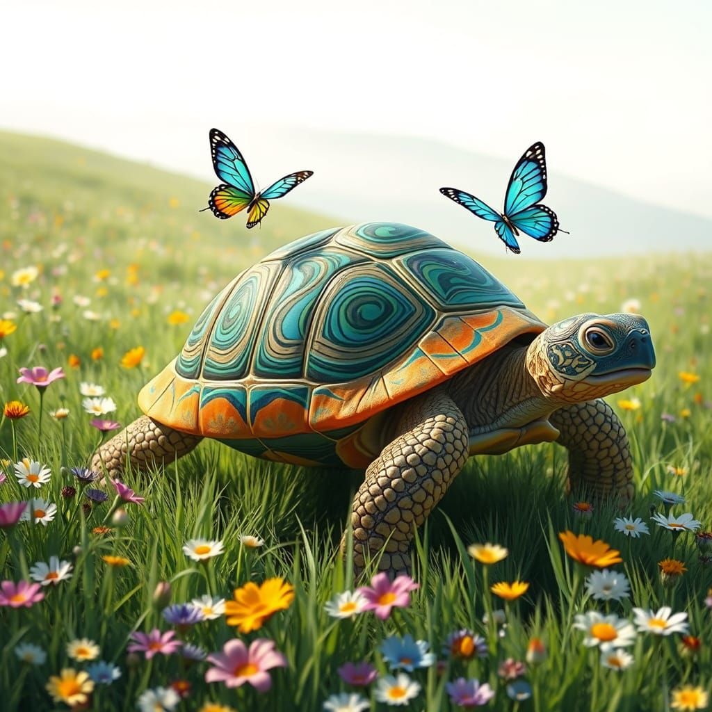 Vibrant Whimsical Tortoise Embarks on Idyllic Meadow Adventu...