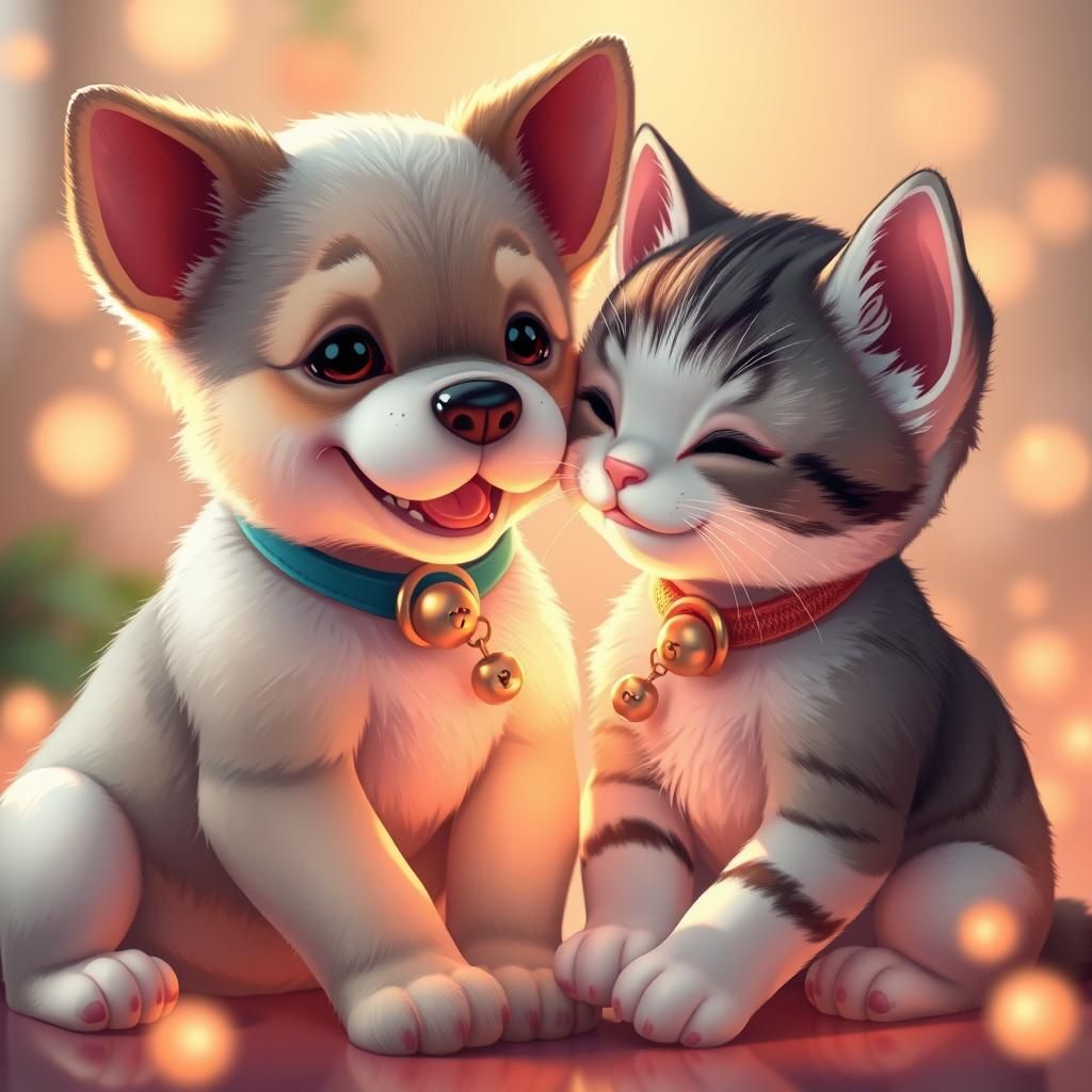 Adorable Puppy and Kitten Nuzzling in Anime Style