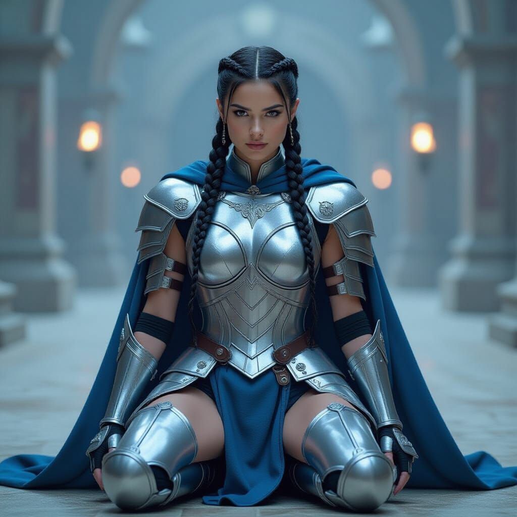 Silver Armored Warrior in Dramatic Blue Accents