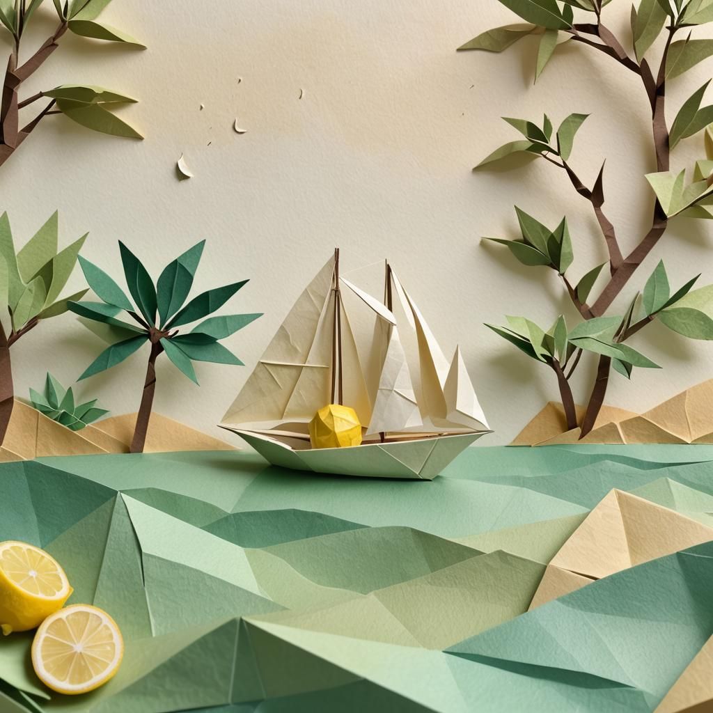 Origami Boat with Lemon Tree in Watercolor Style