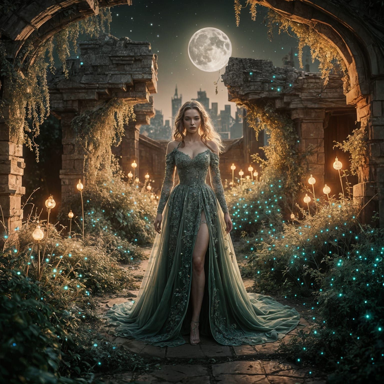 Woman in Moonlit Garden with Bioluminescent Flora