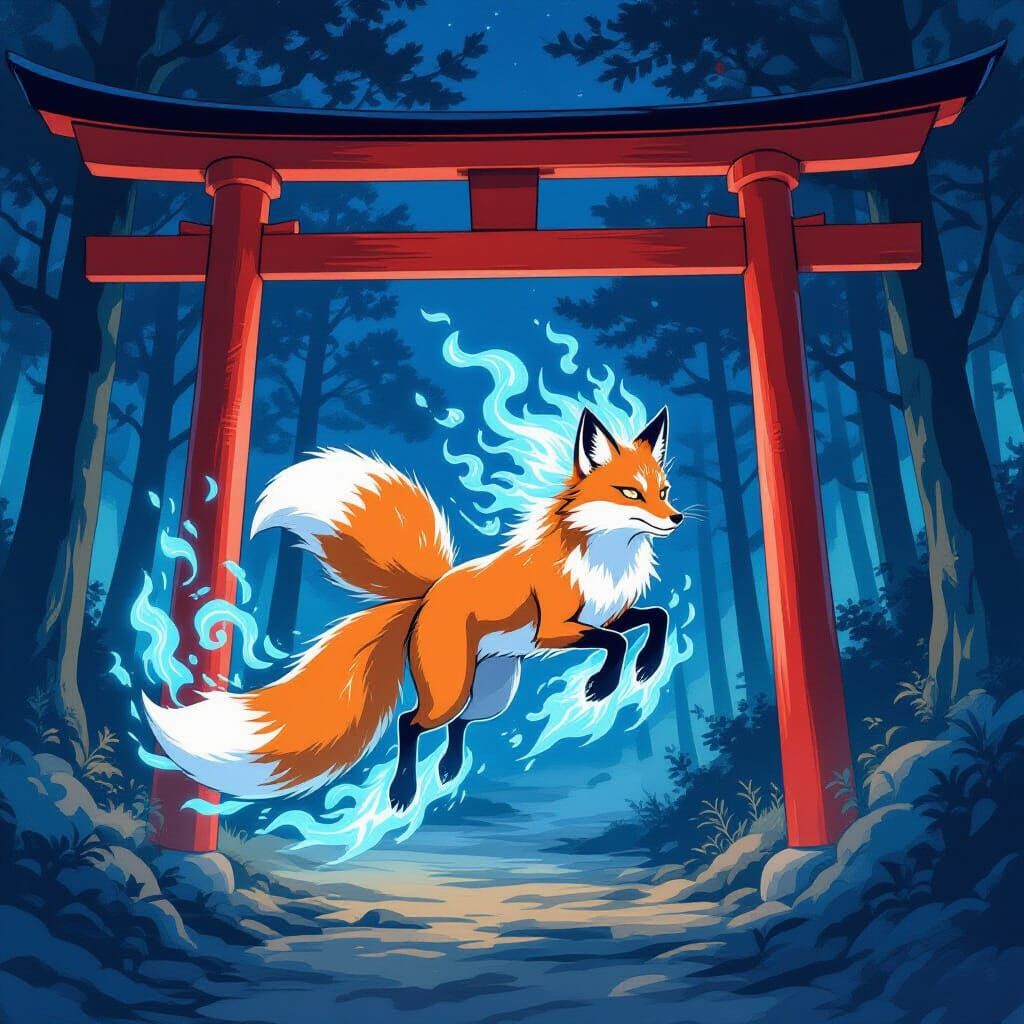Kitsune Leaping Through Torii Gate in Blue Flames, Ukiyo-e S...