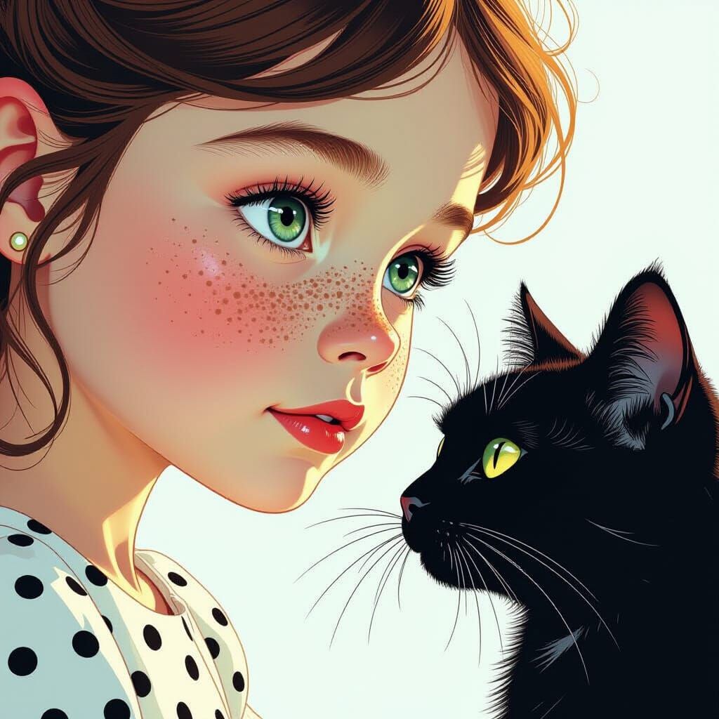 Girl and Black Cat Portrait in Comic Book Style