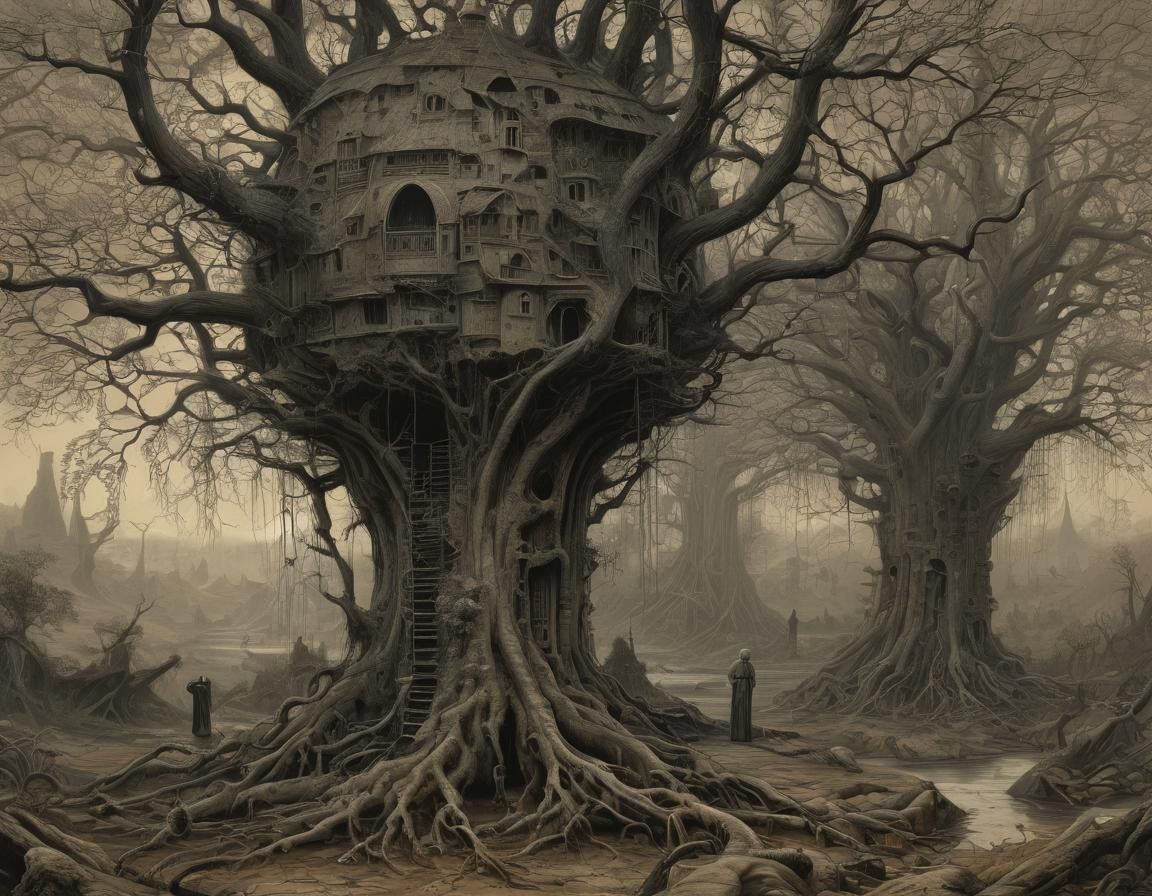 Surreal Tree-like Structure in Dreamlike Landscape