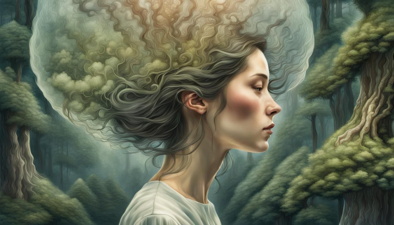 Surreal Woman Reflecting in Mycelium Network, Watercolor Sty...