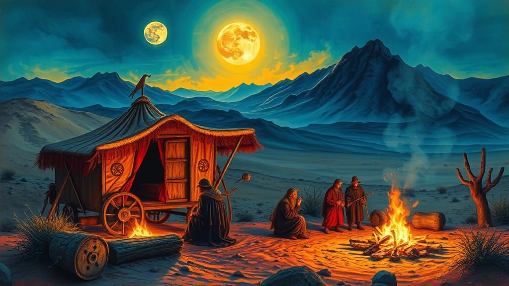 Mystical Gypsy Caravan in Surreal Desert Landscape