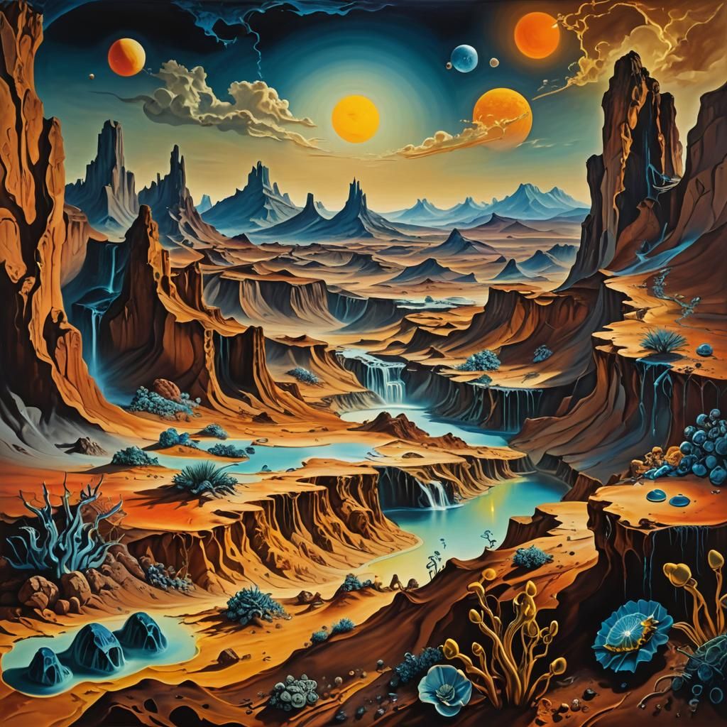 Surreal Alien Landscape with Two Suns, Oil Painting