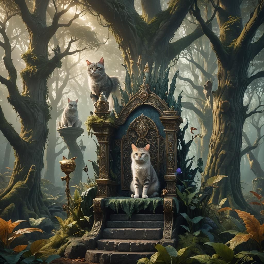Cat Made of Cats on Forest Throne