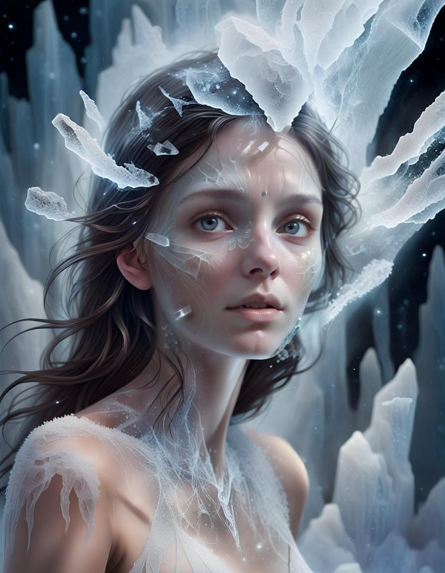 Ethereal Woman Encased in Crystalline Ice: Digital Art
