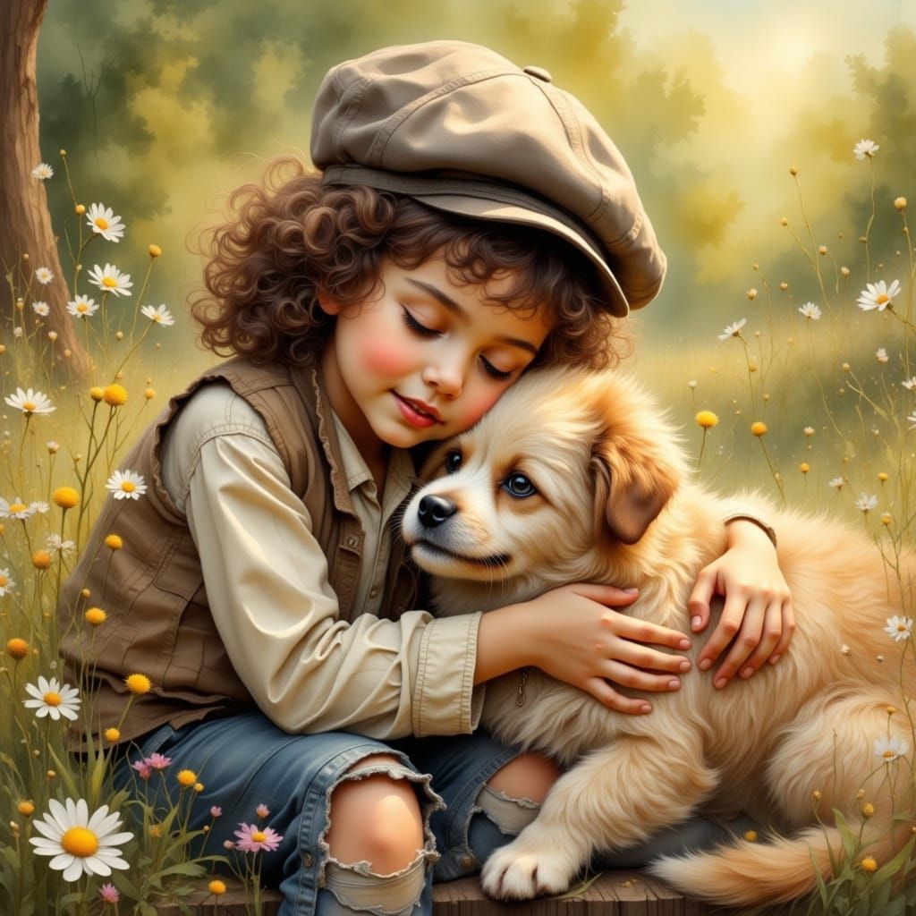 Child and Dog Embrace in Nostalgic Digital Art