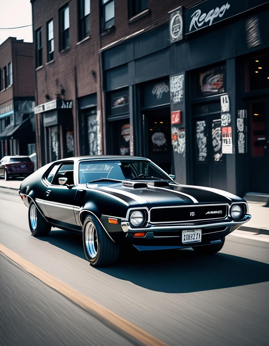 Black 1971 AMC Javelin Cinematic Film Still