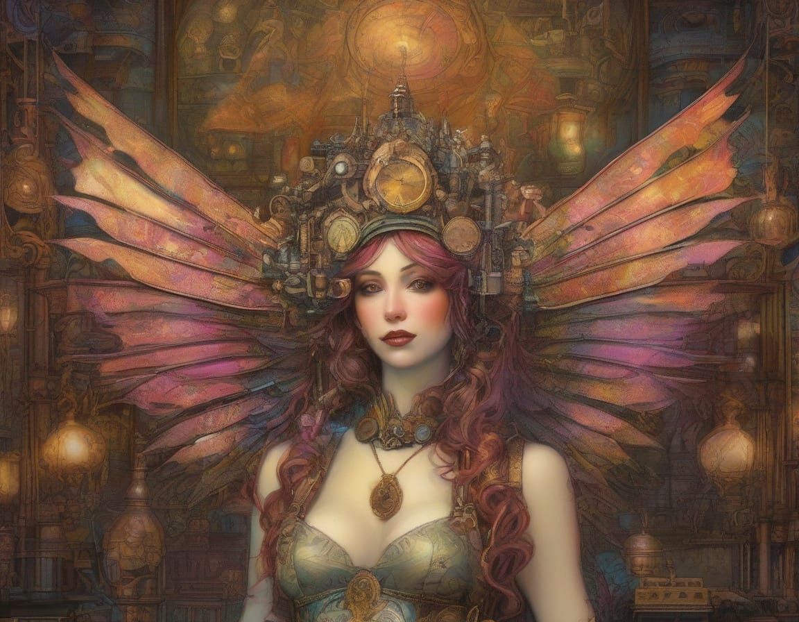 Steampunk Fairy with Clockwork Wings and Neon Hair