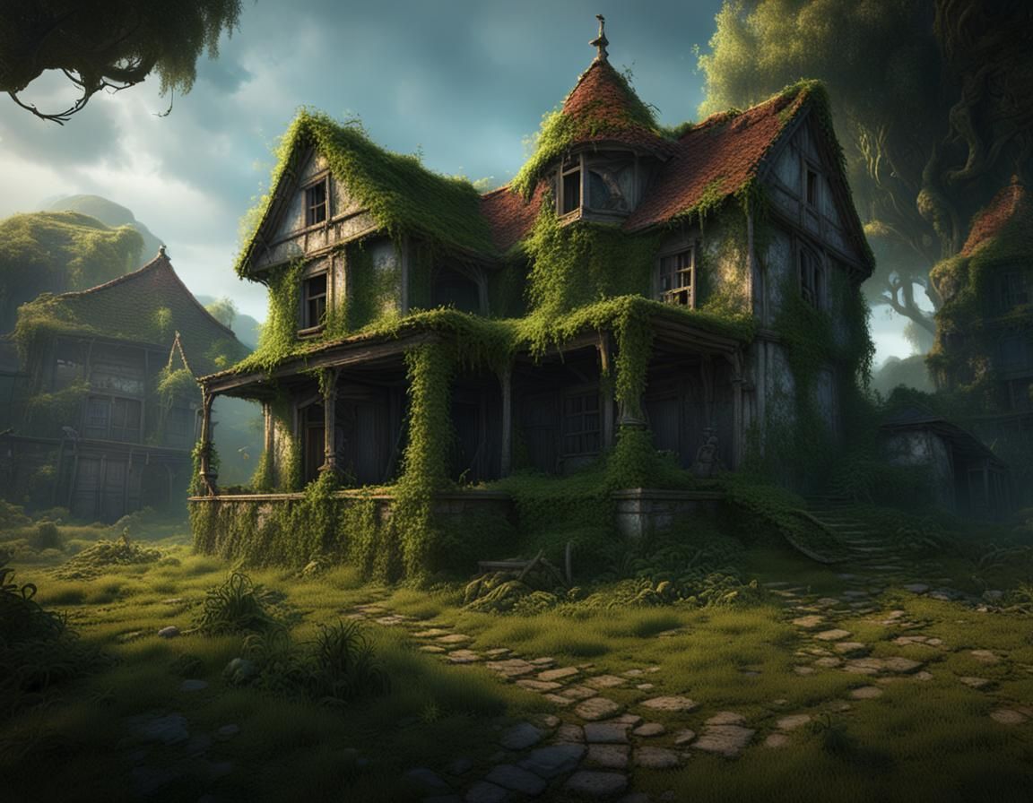 Dilapidated House Covered in Creepers: Matte Painting