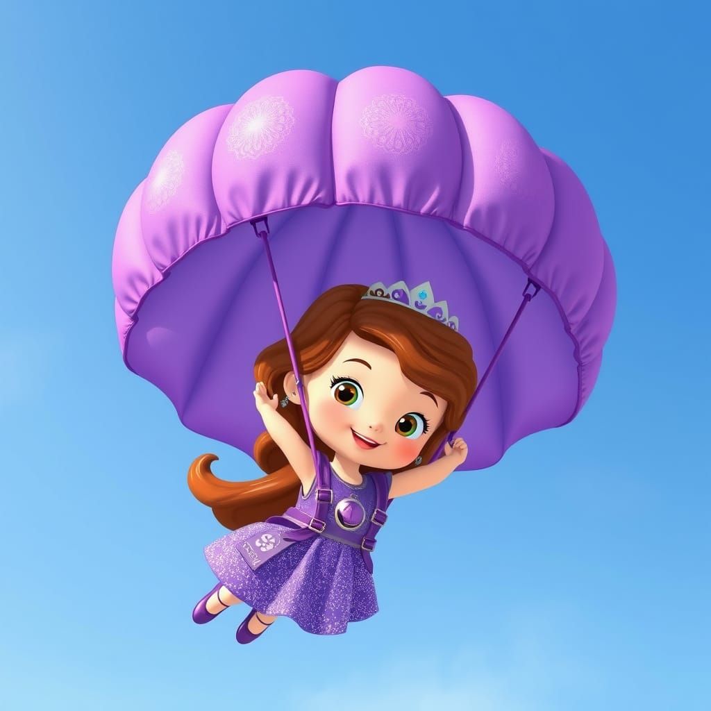 Princess Sofia Floats with Purple Parachute, Whimsical Style