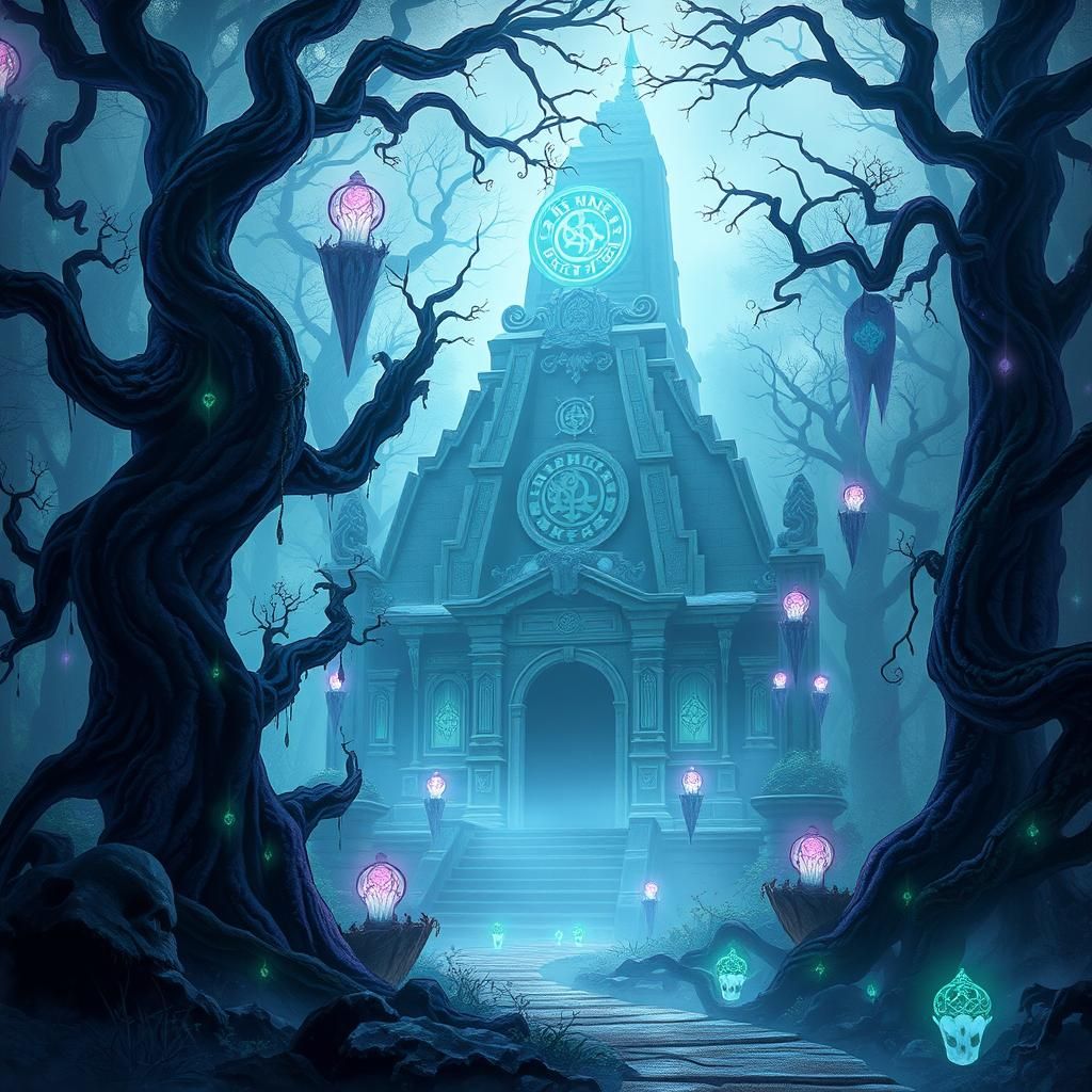 Mystical Forest with Glowing Glyphs and Stone Temple