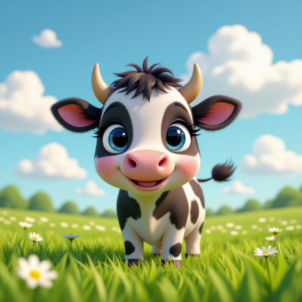 Cute 3D Cartoon Cow in Grassy Field