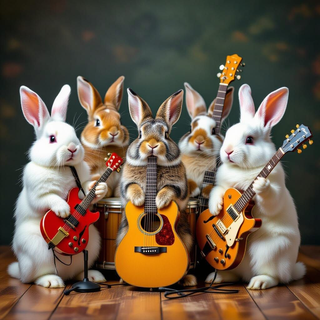 Five Fluffy Rabbits Rock Out With Instruments