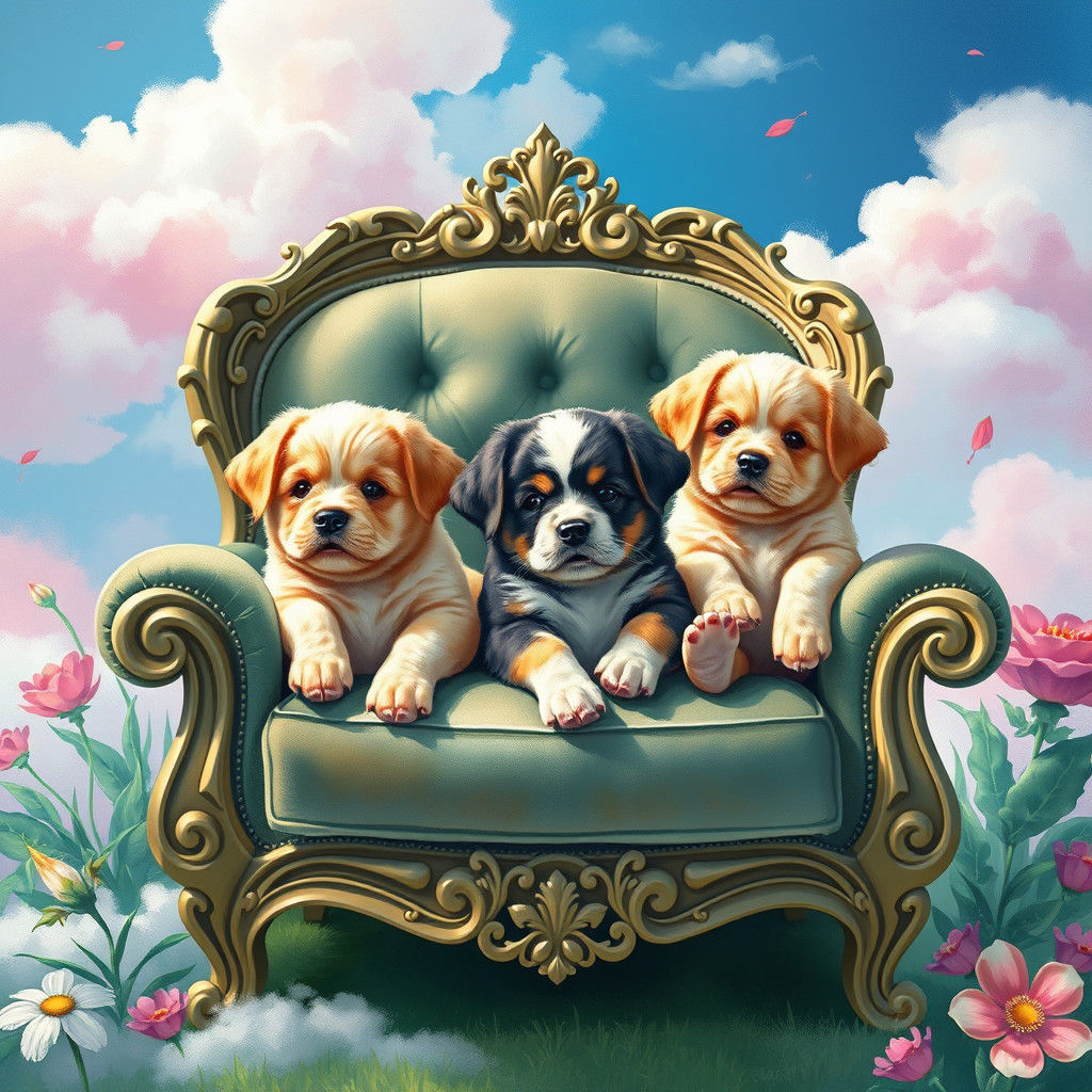 Puppies Lounging in Dreamworld, Watercolor Illustration
