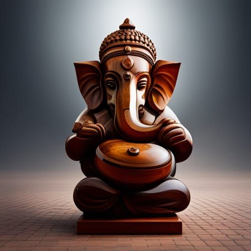 Ganesha Sculpture in Polished Wood with Depth Mapping