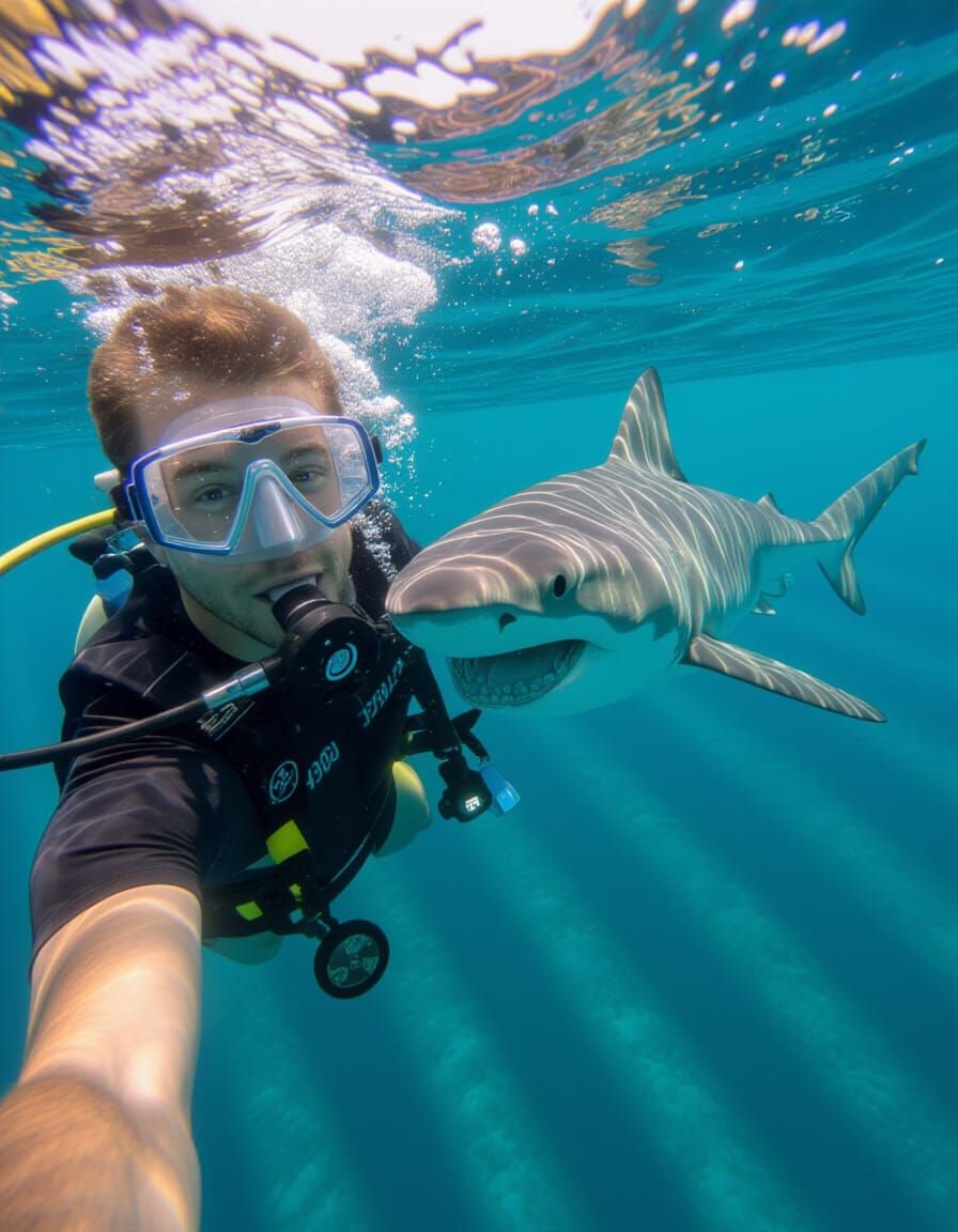 Humorous Shark Selfie Underwater Scene