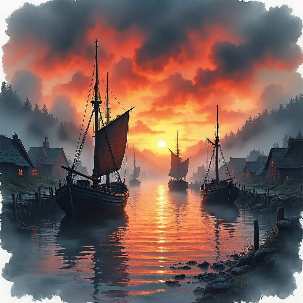Misty Harbor Sunset with Sailing Ships