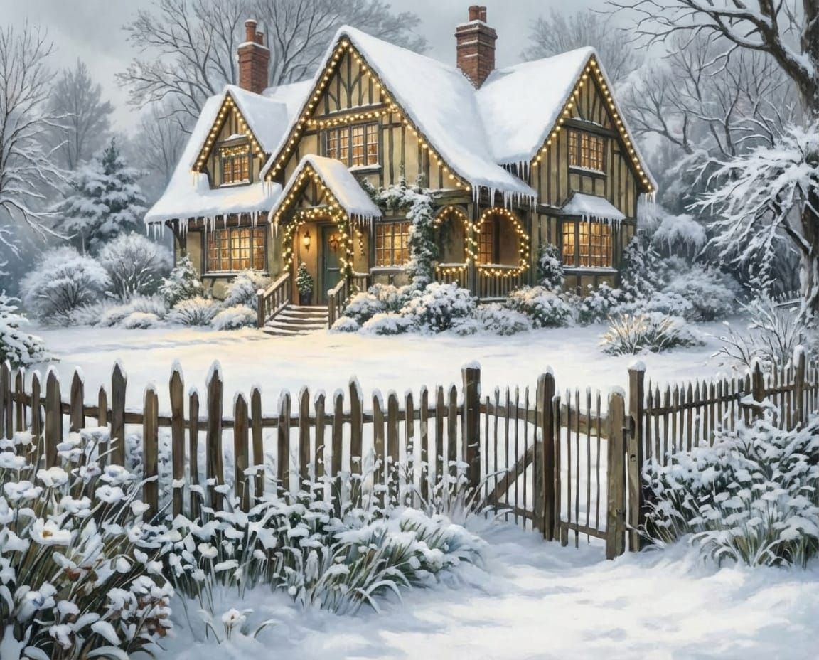 Tudor Cottage in Overgrown Garden with Sunlight and Shadows