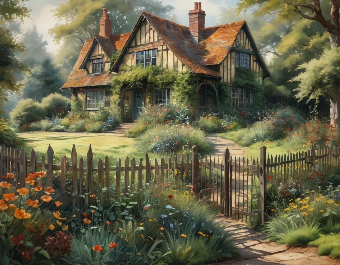 Ethereal Tudor Cottage in Whimsical Watercolor Style