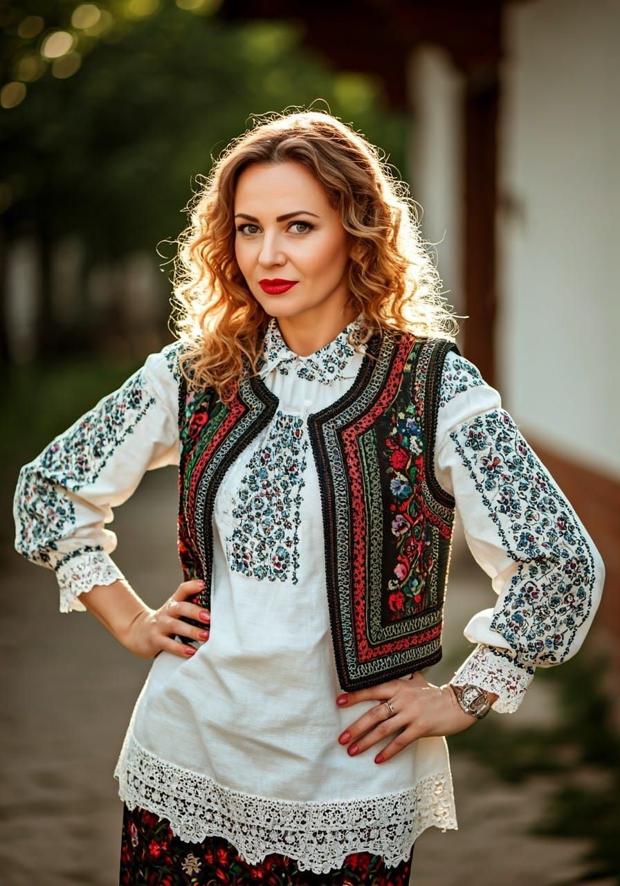 Woman in Vibrant Romanian Folk Attire Poses with Playful Con...