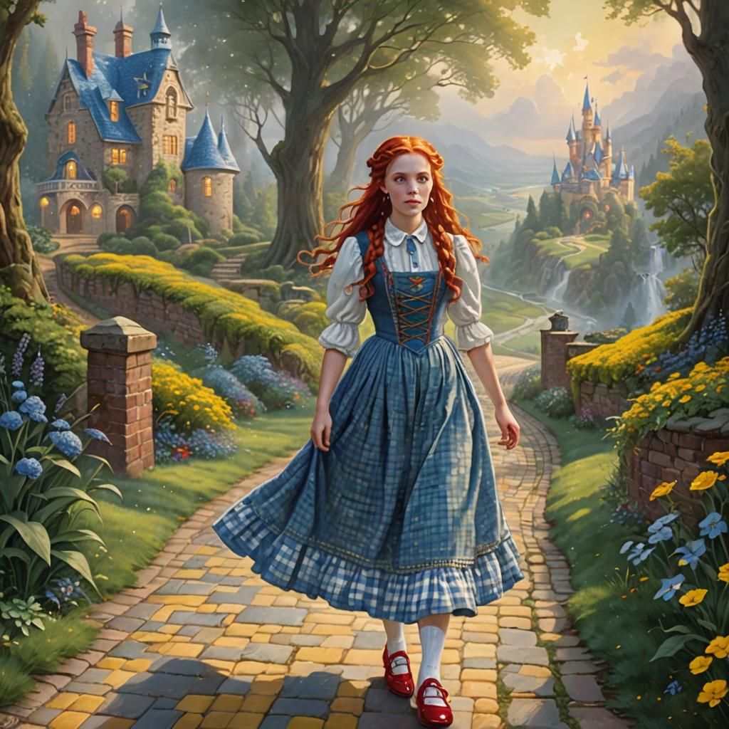 Woman on Yellow Brick Road in Kinkade Style