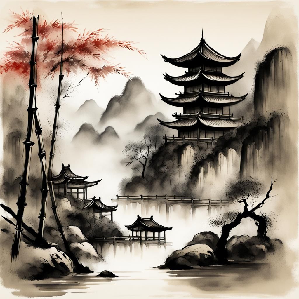 Chinese Ink Painting: Bamboo Forest and Temple