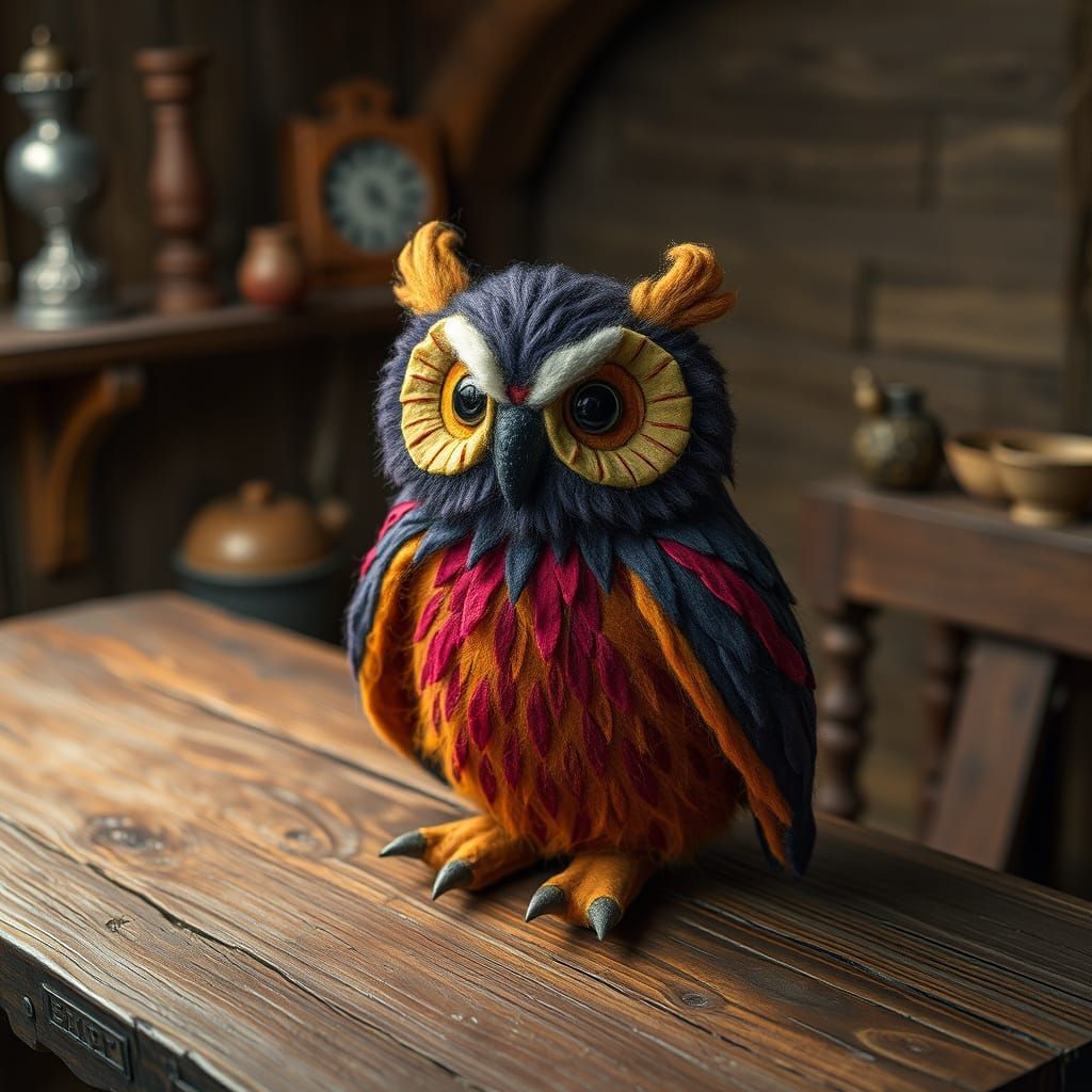Whimsical Felt Owlbear on Medieval Table