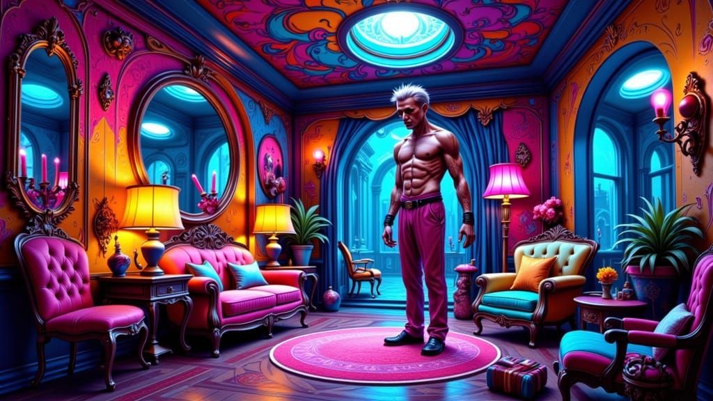 Abstract House with Melting Man in Anime Style