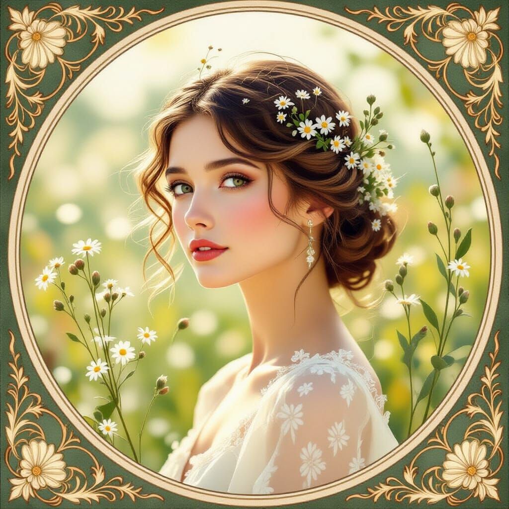 Woman Adorned with Wildflowers in Art Nouveau Watercolor Sty...
