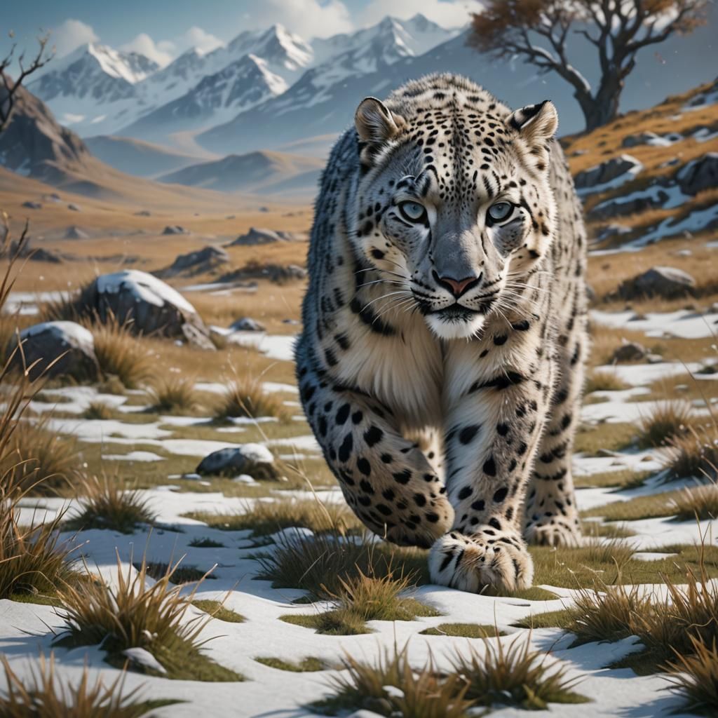 Snow Leopard Hunting in a Detailed Matte Painting