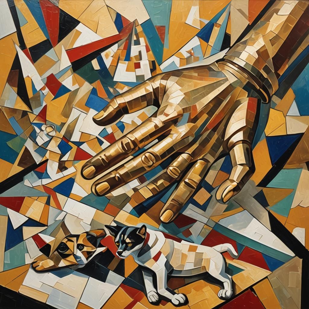 Dismembered Hand with Dog in Cubism Style