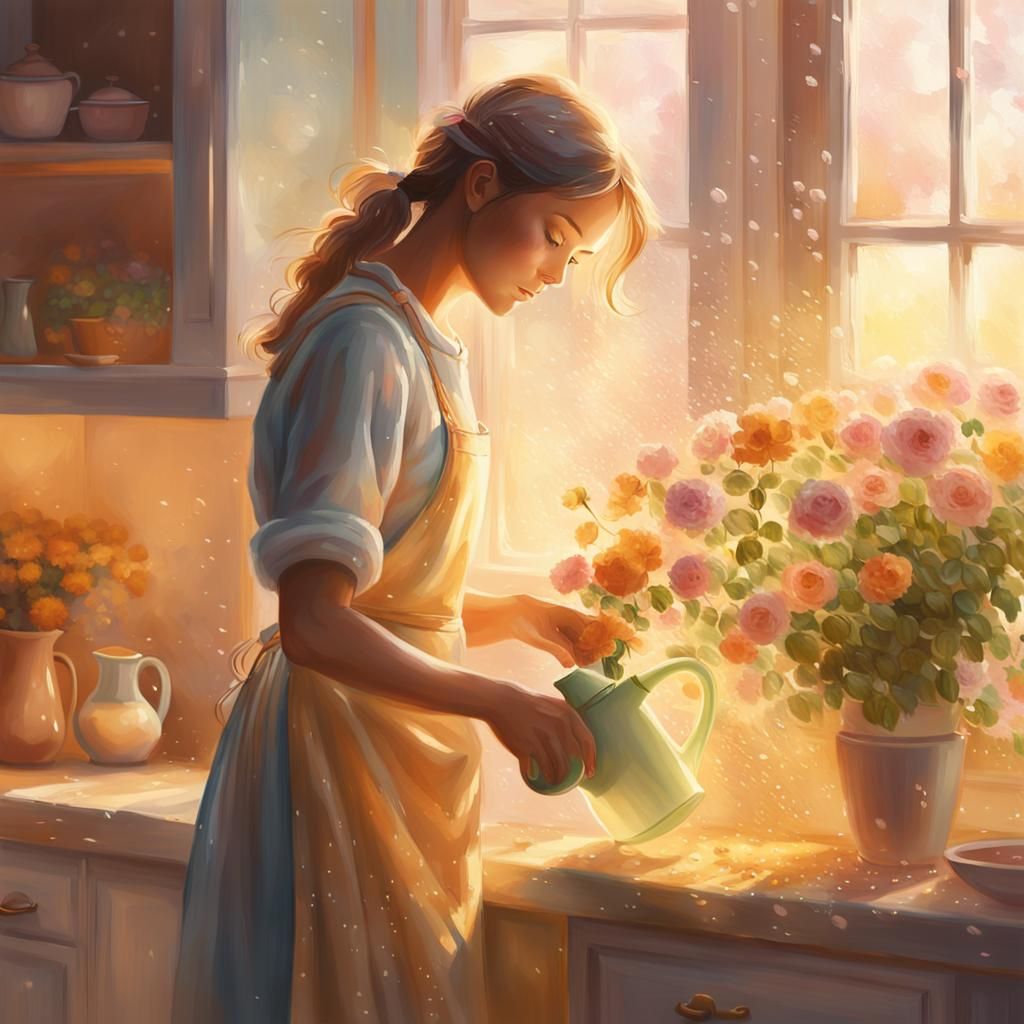 Romantic Impressionist Woman Waters Flowers