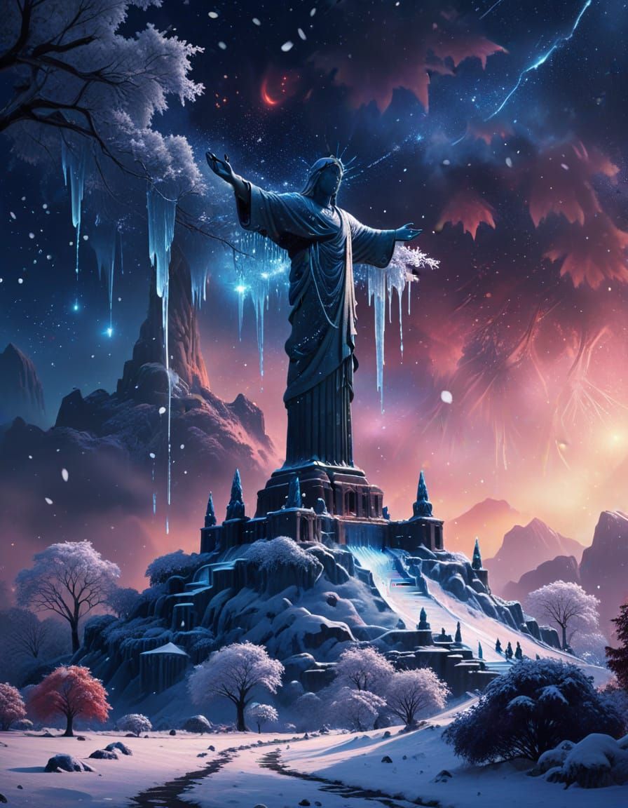 Enchanted Winter Christ the Redeemer in Sci-Fi Style