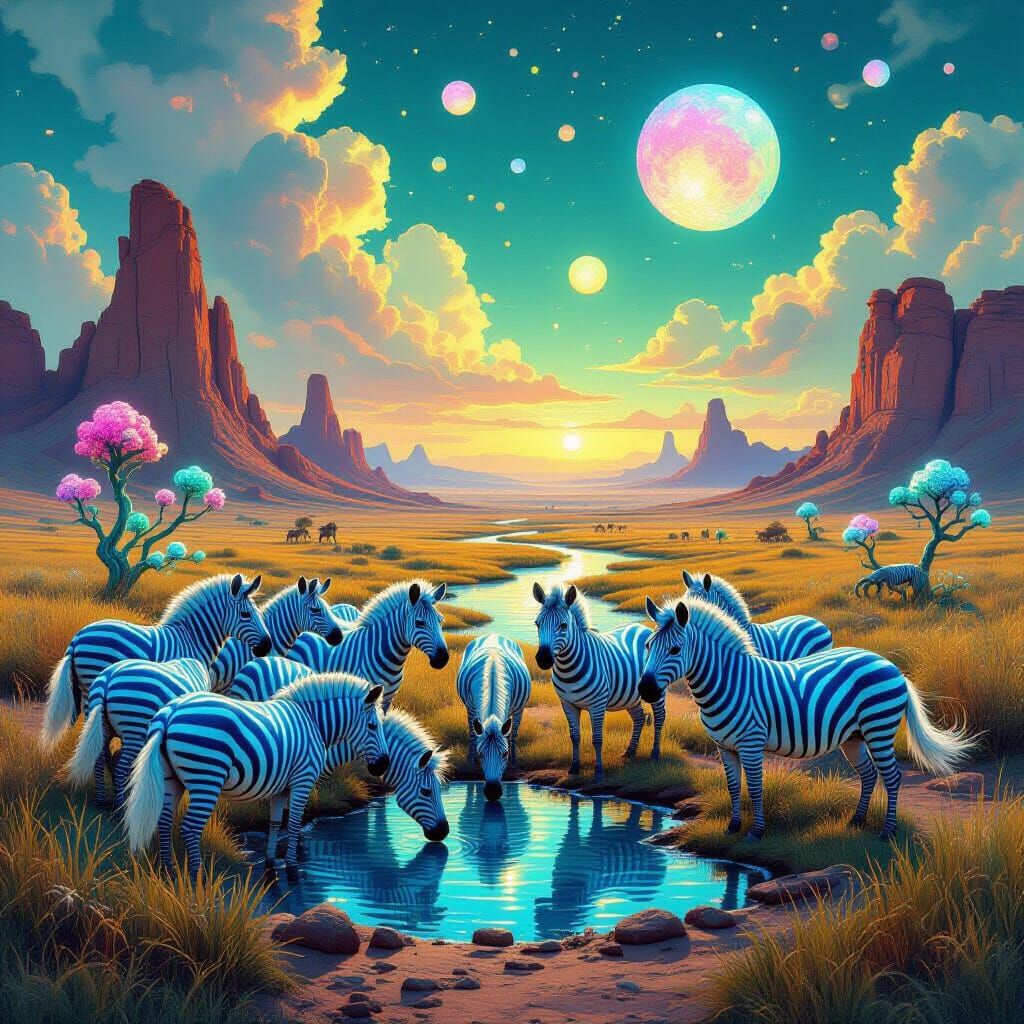 Blue Alien Zebras in Surreal Landscape