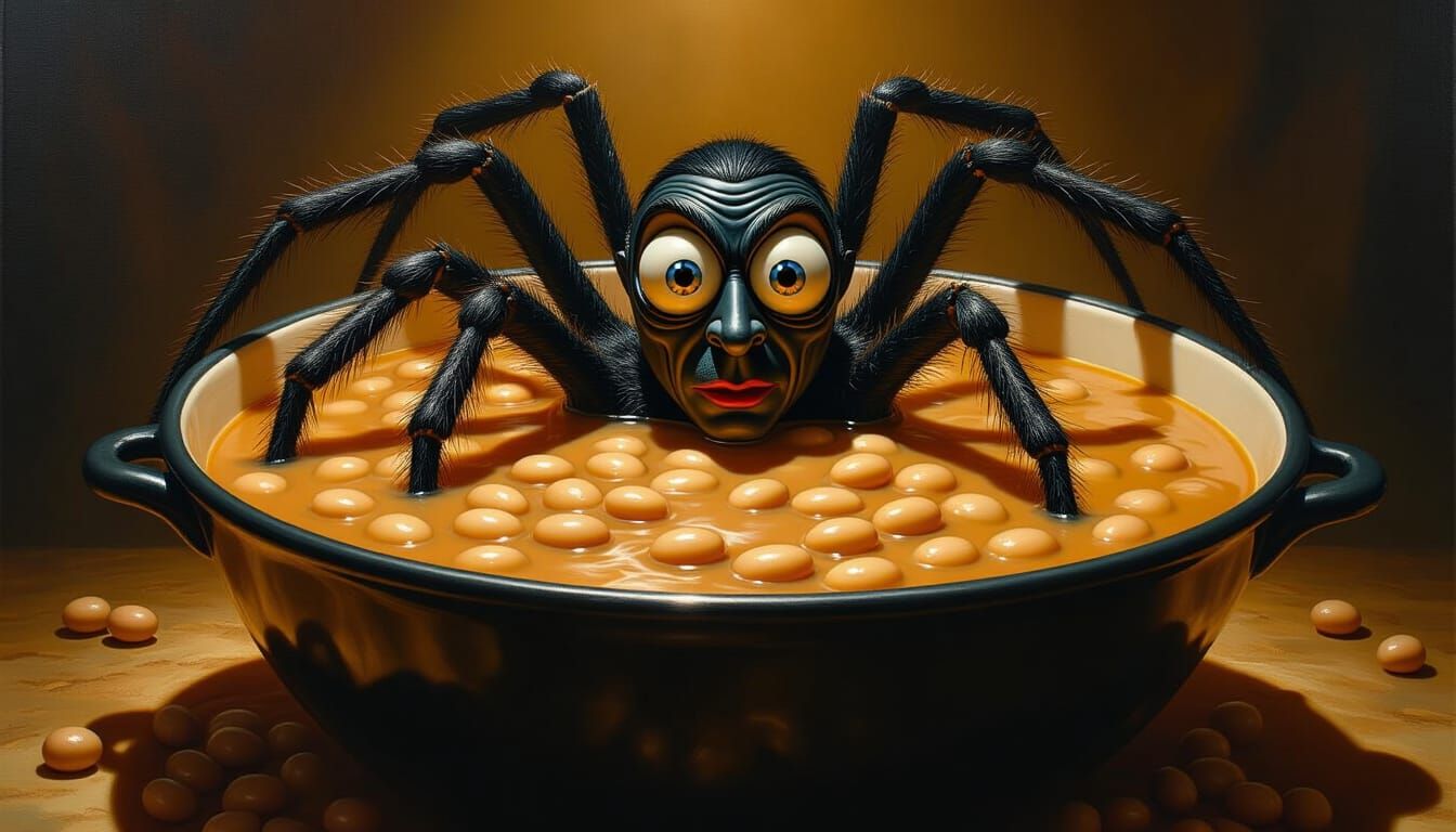 Mr Bean in Spider Costume Swimming in Bean Soup