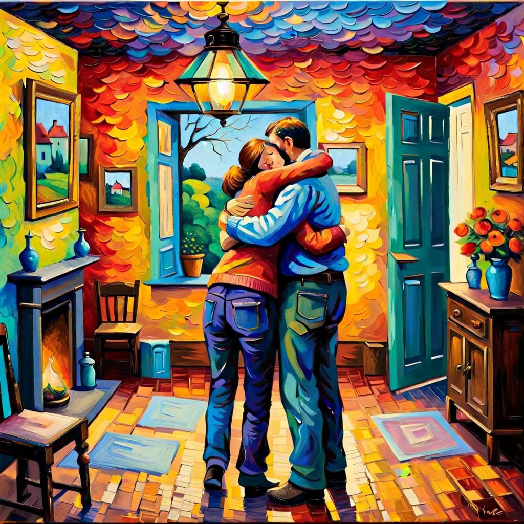 Family's Cozy Home: A Neo-Impressionist Oil Painting